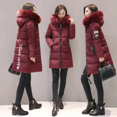 

2019 New Style Mid-length Korean-style Slim Fit Large Fur Collar Students down Jacket Cotton-padded Clothes Thick Large Size Cot