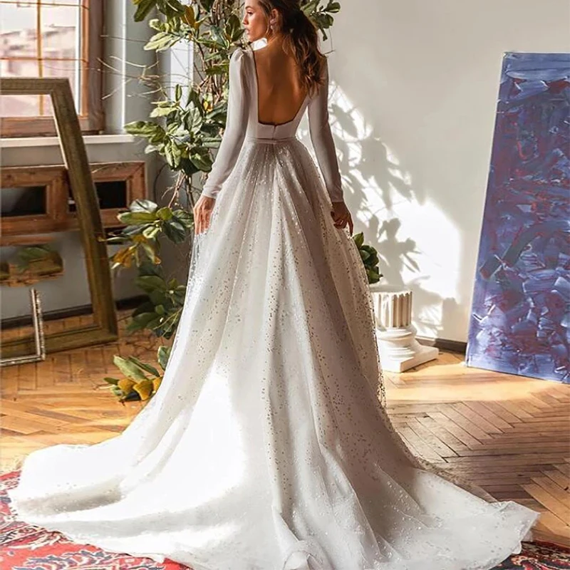 Ivory Boho Wedding Dress 2022 Tulle Long Sleeve Square Neck Backless A-line Wedding Dress Formal Occasion Vestido De Novia wedding dress for women