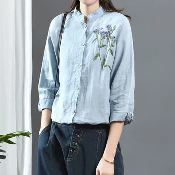 

[EWQ] 2020 Spring Autumn New Pattern Stand Collar Long Sleeve Embroidery Single Breasted Casual Shirt Women Blouse AK29005