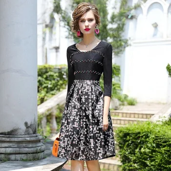 

High Street Ladies Dresses A-Line 2020 New Spring Women Office Eleganc Nail Bead Dress Plus Size Xxl Clothing Autumn Party Dress