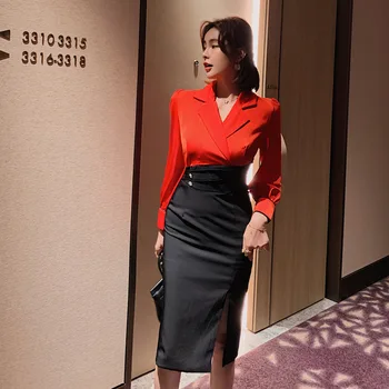 

Autumn High End V-neck Patchwork Women Dress Full Sleeve Work Business Female Vestidos Ladies Elegant Hip Package Party Dresses