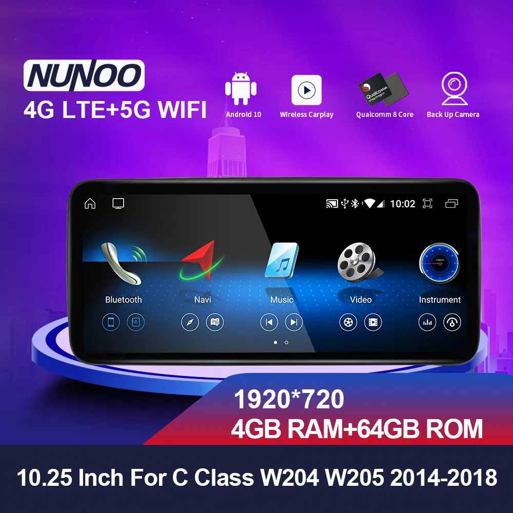 Автомобильный DVD-проигрыватель Nunoo 10 25 дюймов GPS 4 ГБ 64 8-ядерный для Mercedes Benz C Class W204