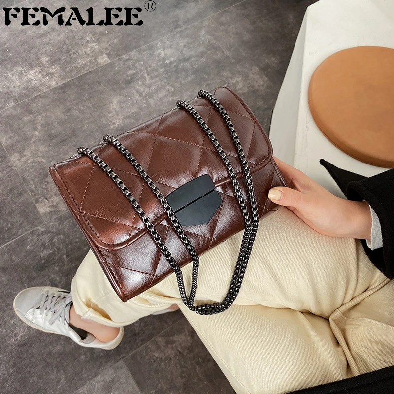 

2019 Vintage PU Leather Small Shoulder Messenger Bags For Women Chains Lock Crossbody Bag Female Plaid Flap Casual Mini Bags