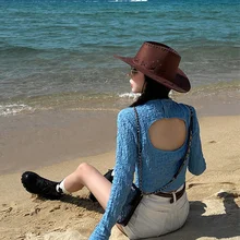 

Blue Fashion Hollow Short Slim Top Slim 2021 Spring New Slim Temperament Long Sleeve Round Neck Chic Bottom t-shirt Pleated