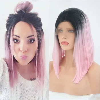 

RONGDUOYI Ombre Pink Bob Synthetic Lace Front Wigs for Women Two Tone Heat Resistant Hair Short Bob Lace Wig with Middle Part