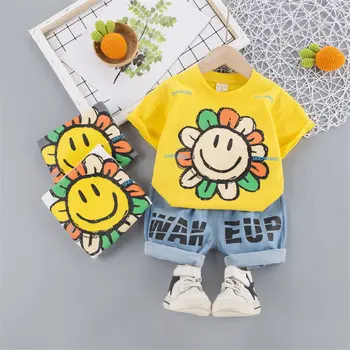 

Summer Fashion Children Baby Boys Girls Clothes Sets Infant flowers T Shirt denim Shorts 2pcs Toddler Clothing Kids Tracksuits