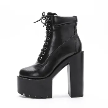 

Popular high-heeled thick-heeled women's short boots round head waterproof platform lace-up thick bottom nightclub