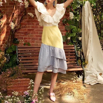 

Summer Women Feminine Ruffled V-neck Dress Fashion Irregular Ruffle Long Dress