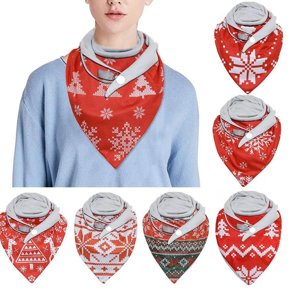 

Christmas Day Triangle Plaid Elk Christmas Tree Snowflake Double-sided Scarf Bell Print Scarf Button L3X7