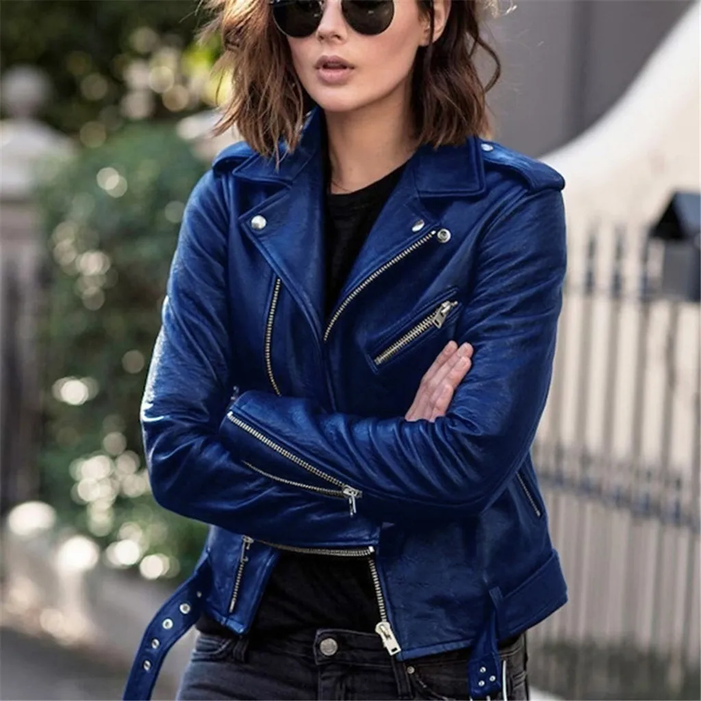 faux leather Womens autumn Jacket Long Sleeve Zipper Fitted Coat Short Jacket Solid Lapel Female Moto Biker Jackets