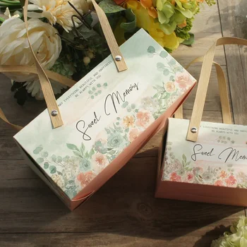 

2 Size Choose 5pcs Green Sweet Memory Wedding Favor Design Paper Box with Handle for Candy Cookie Chocolate Gift Packaging Use