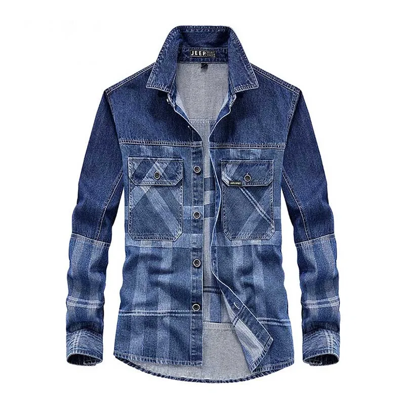 Mcikkny Men Fashion Plaid Denim Shirt 