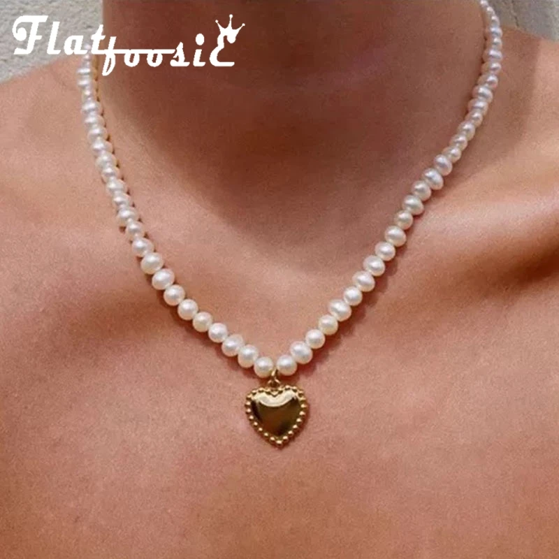 

Flatfoosie Fashion Imitation Pearl Heart Pendant Necklace For Women Multilayer Gold Color Metal Cuban Choker Necklace Jewelry