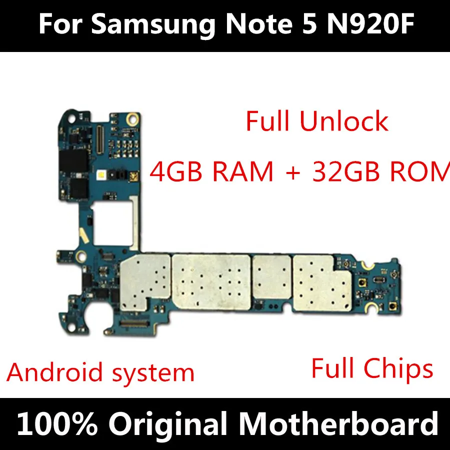 Оригинальная Разблокировка для Samsung Note 5 N920F N920T N920A N920G N920I N920V 32GB Материнская плата