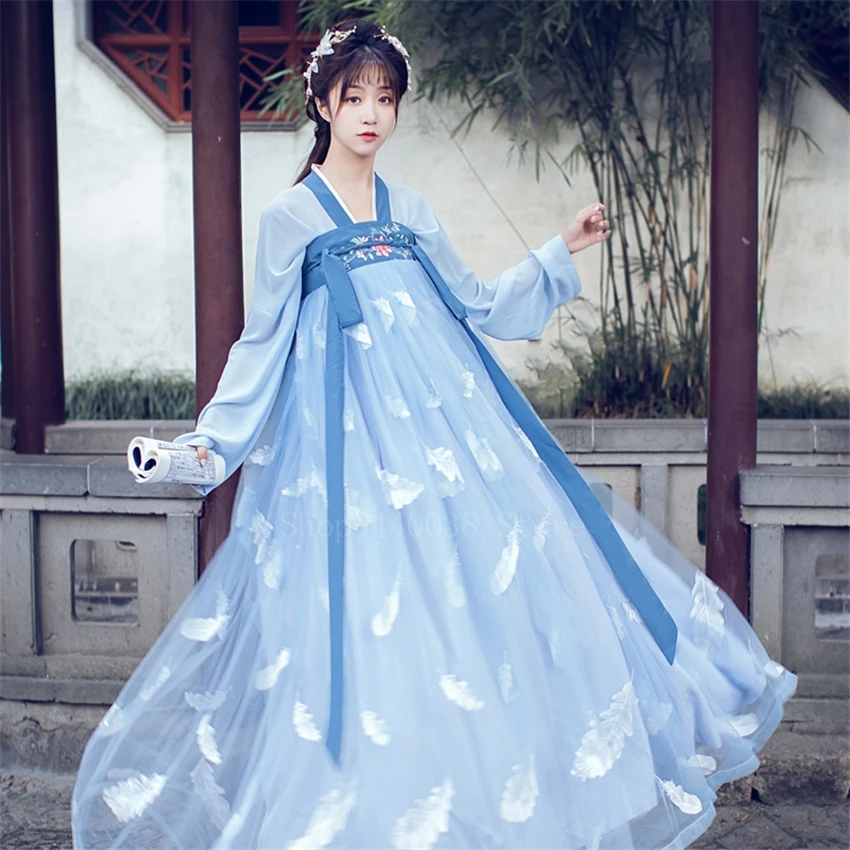 Древней китайской костюм для женщин с феей голубого кружева перья Hanfu платье