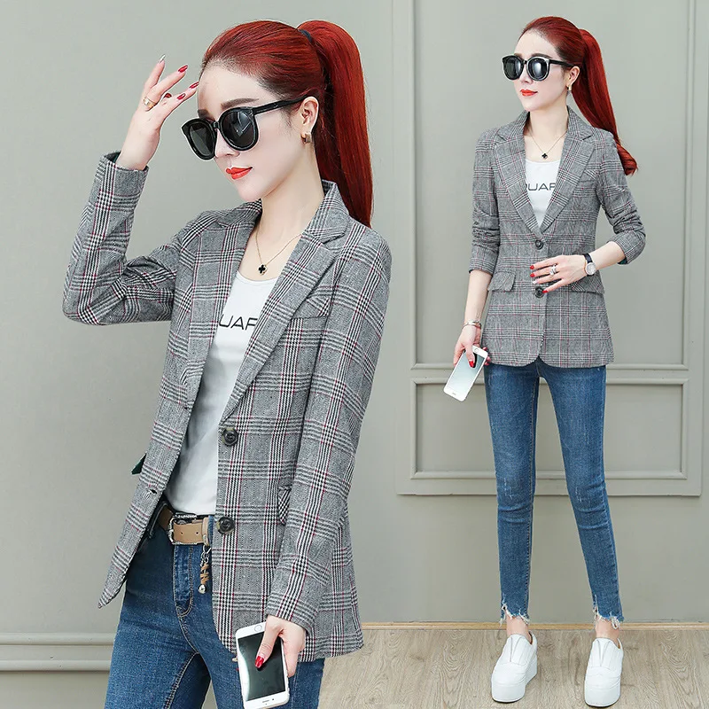 

Figure Rong Suit Jacket Female Spring Autumn Korean-style Retro Fashion Network Red Plaid Suit Short-height Casual Tops