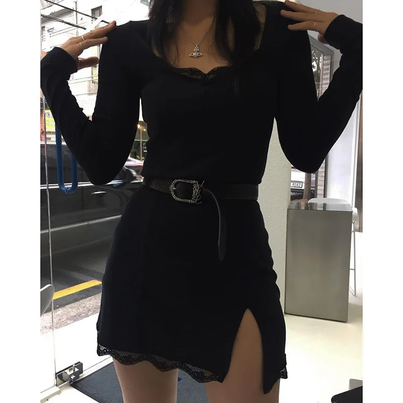 Women Winter Dress Women 2020 New Arrivals Sexy Long Sleeve Lace Split Black White Solid Party Dresses Vestidos