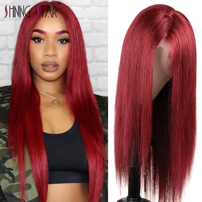 Frente do Laço Perucas de Cabelo Humano para a Mulher Osso em Linha Dianteira do Laço Perucas de Renda Borgonha Brasileira Remy Reta Peruca Pré Arrancadas 99j Transparente 1 Apliques com cabelo humano