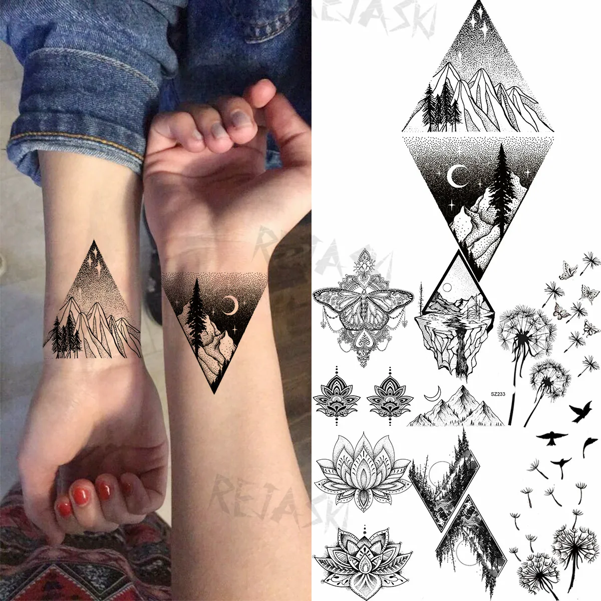 

Geometric Mountain Forest Temporary Tattoos For Women Girl Lotus Butterfly Dandelion Fake Tattoo Body Art Washable Tatoo Sticker