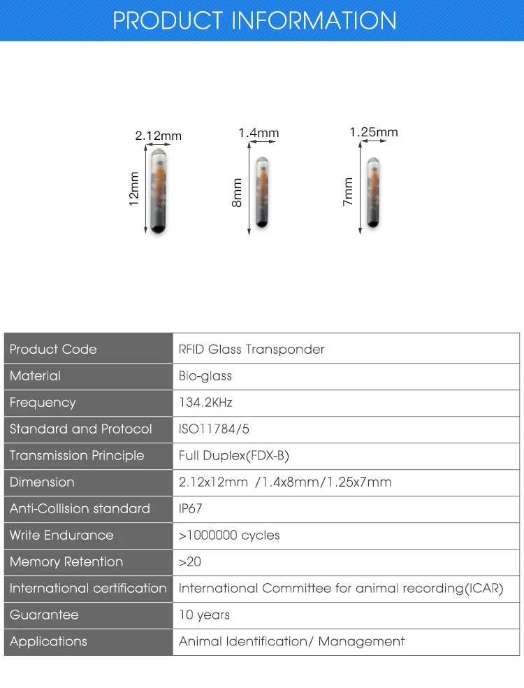 10 шт./лот) 1,25*7 мм/1,4x8 мм/2,12x12 мм rfid стеклянная метка для животных домашних животных трубка RFID FDX-B 134,2 кГц EM4304 идентификационный микрочип для домашних животных