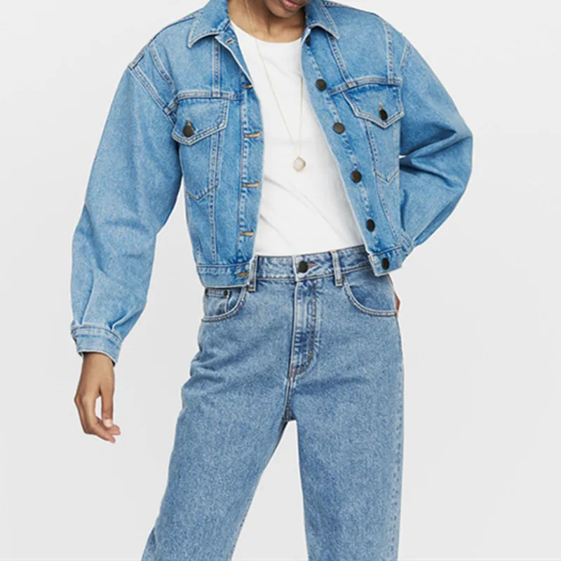 

Women Denim Jacket Autumn Turn Down Collar Jeans Jacket Solid Color Tops