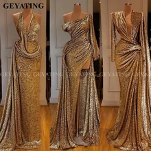 Саудовская Аравия Русалка золото расшитый блестками с длинными рукавом вечернее платье на одно плечо высокого платье с разрезом для выпускного вечера длинное Для женщин официальная Вечеринка платья