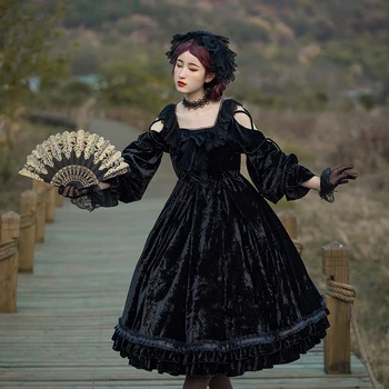 

Greek Mythology Black Lolita Dress Princess Vintage Gothic Long Velvet Lolita Dresses Cosplay Loli Cos