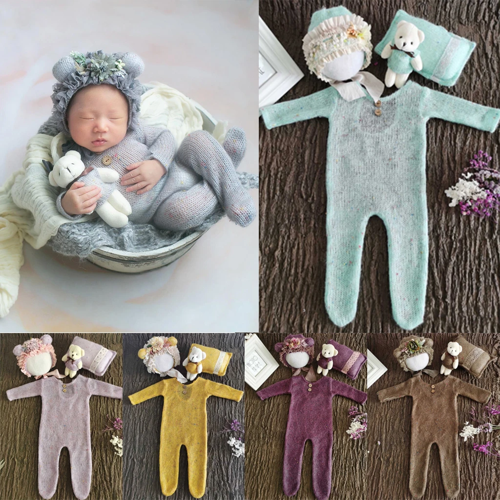 newborn photography with parents 4 Pcs/Set Baby Clothes Newborn Photography Props Baby Romper Jumpsuit Hat Pillow Set With Cute Bear Doll Photo Shooting Outfits Baby Souvenirs hot