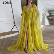 

LORIE 2021 Elegant Citrine Yellow Silk Chiffon Prom Dresses With Long Cape A Line Sweetheart Pleats a leg slit Evening Gowns