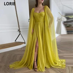 LORIE 2021 Elegant Citrine Yellow Silk Chiffon Prom Dresses With Long Cape A Line Sweetheart Pleats a leg slit Evening Gowns