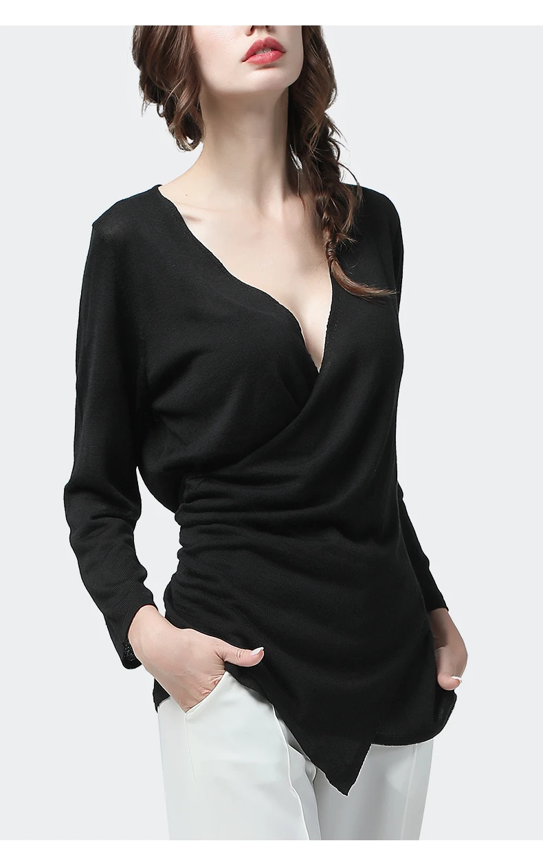 Сексуальный глубокий v-образный вырез женский свитер черный вязаный женский зимний топ мягкий обтягивающий Тонкий Женский Повседневный набивной пуловер шерстяной свитер