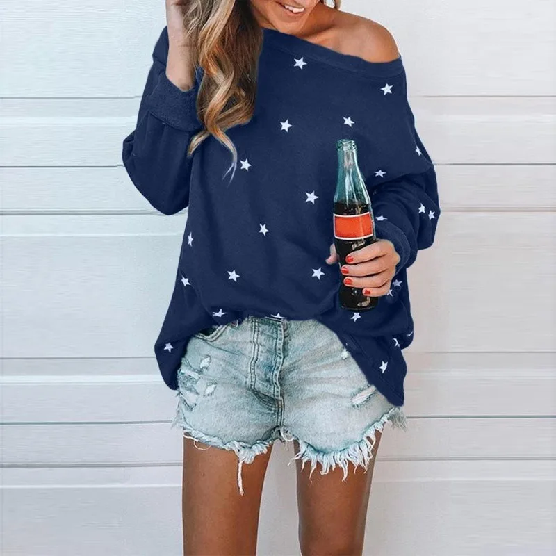 

Plus Size 5XL Tops New Loose Style Star Print Long-Sleeve Women T-Shirt Simple Casual O-Neck All-match Tee s