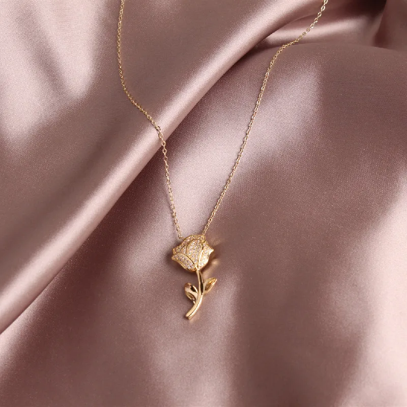 2020 Korean New Design Fashion Jewelry Exquisite Copper Inlaid Zircon Rose Pendant Elegant Gentle Female Clavicle Necklace | Украшения и