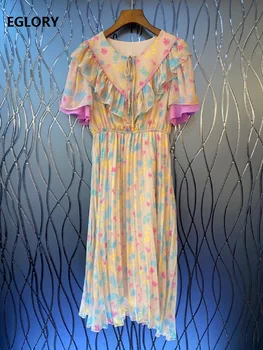 

New Korean Fashion Style Dress 2020 Summer Women Color Block Flower Print Ruffle Patchwork Short Sleeve Mid-Calf Pleated Dress