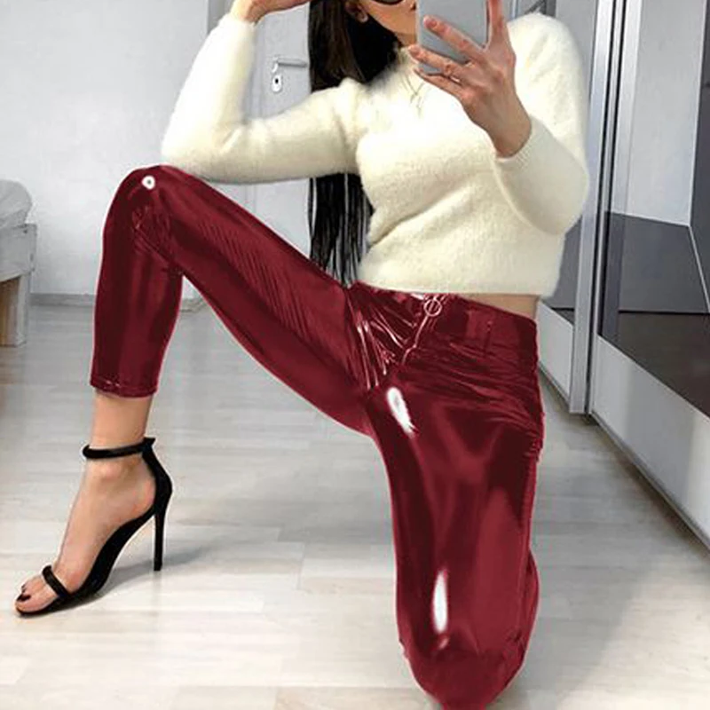 Ceny Spodnie damskie winylu wygląd na mokro błyszczące pcv rozciągliwe spodnie Disco kobiet spodnie skinny fit zamek ołówek spodnie