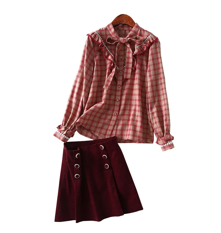 

One-Piece Epoxy Tooling Board Ear Pattern Lace-up Shirt Corduroy High-waisted A- line Skirt Two-Piece Women's Entity