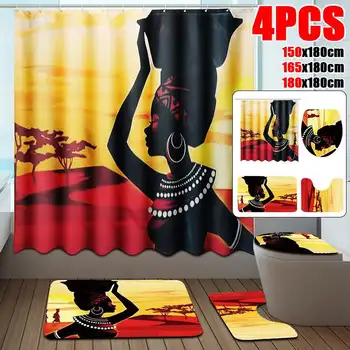 

4Pcs Bathroom Suit African Girl Waterproof Toilet Cover Rug Mat Set Flannel Bathroom Shower Curtain