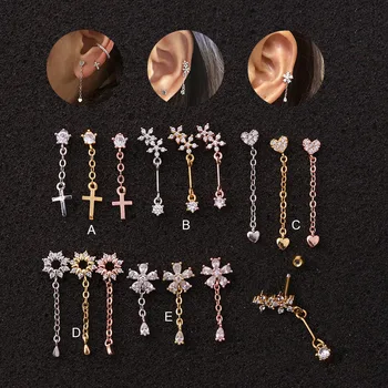 

New Shiny CZ Zircon Long Chain Heart Drop Earrings Cute Sweet Cross Heart Pendant Earrings Stainless Steel Bar Ear Jewelry