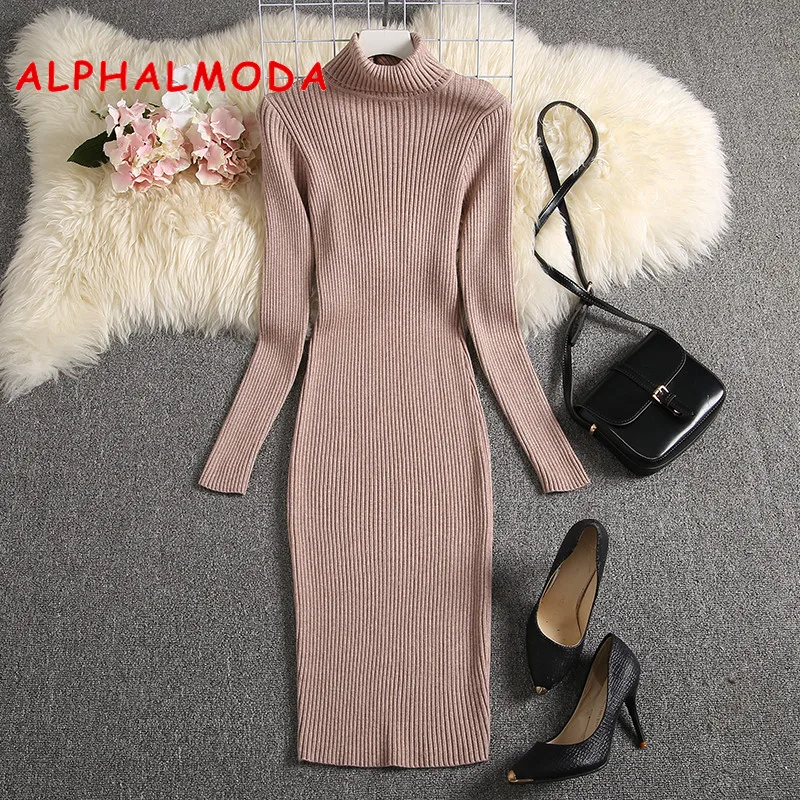 

ALPHALMODA 2019 Winter Good Quality Warm Turtle Neck Long-sleeved Knit Dress Solid Color Thick Bottom Knitting Sweater Dress