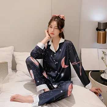 

Pajamas Women Summer Silk Long-Sleeved Two-Piece Set Women's Pajama Korean-Style Trendy Letters Homewear Set Spring and Autumn