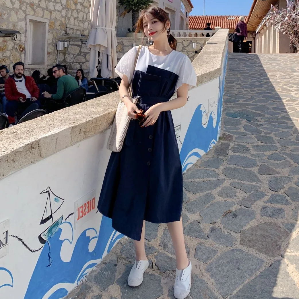 

Photo Shoot INS Funny GIRL'S Contrast Color Joint Mock Two-Piece T-shirt Dress Waist Hugging Lace-up Irregular A- line Dress Sum