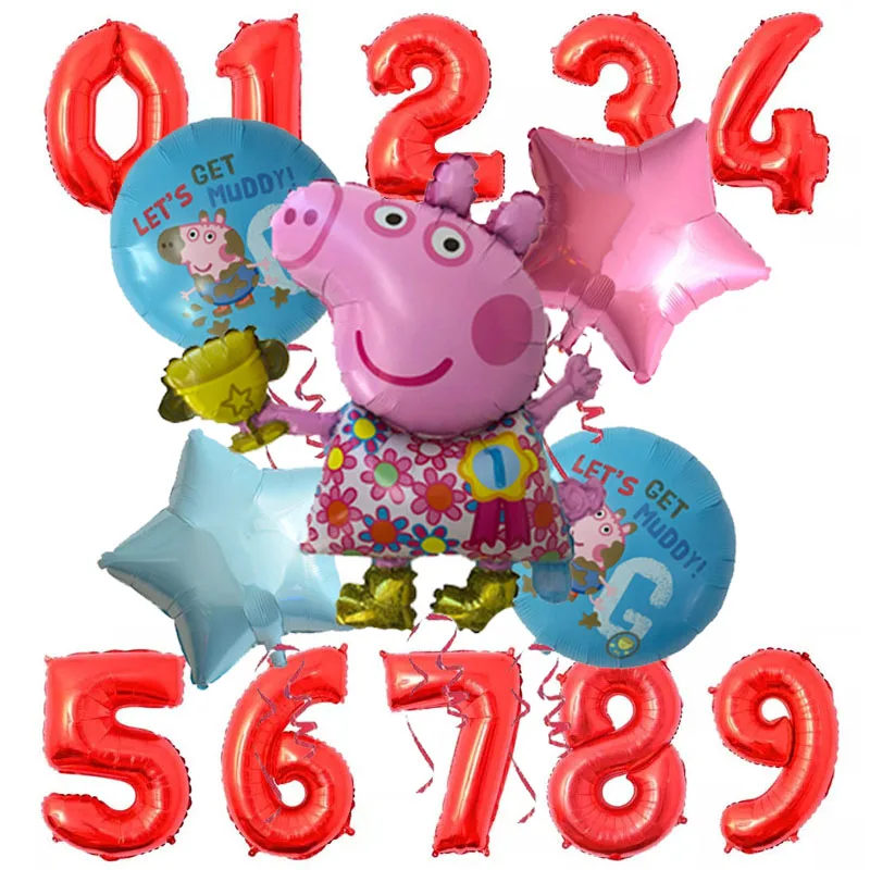 6pcs Cartoon Peppa Pig Foil Balloons 32inch red 0-9 Baby Boy Girl Helium Globos Happy Birthday Party Room Decorations Kids Toys - Цвет: Оливковый