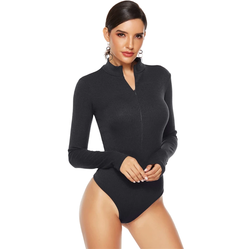 Fall 2020 Women Ribbed Sexy Bodycon Bodysuit for Women Elegant Ladies Autumn Open Stitch Black Long Sleeve Bodysuit Plus Size