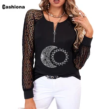 

Plus Size 3xl Ladies Elegant Fashion 3D Print T-shirt Long Sleeve Women's Top Lace Pullovers 2022 Spring New Zipper Tees Shirt