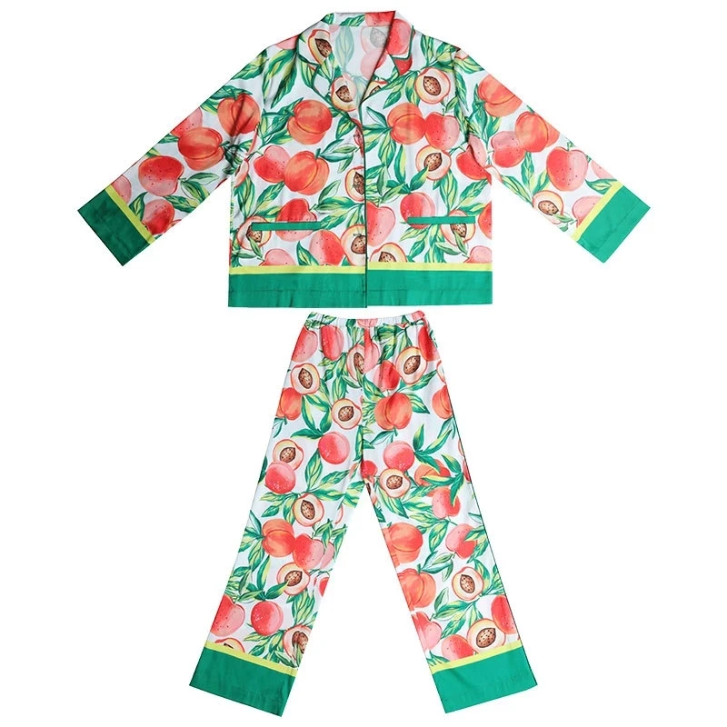 2021 Spring Autumn Turn-down Collar Tropical Printed Silk Satin Pajamas Set Sleepwear Loungewear for Women Pyjama Femme 2 Pieces