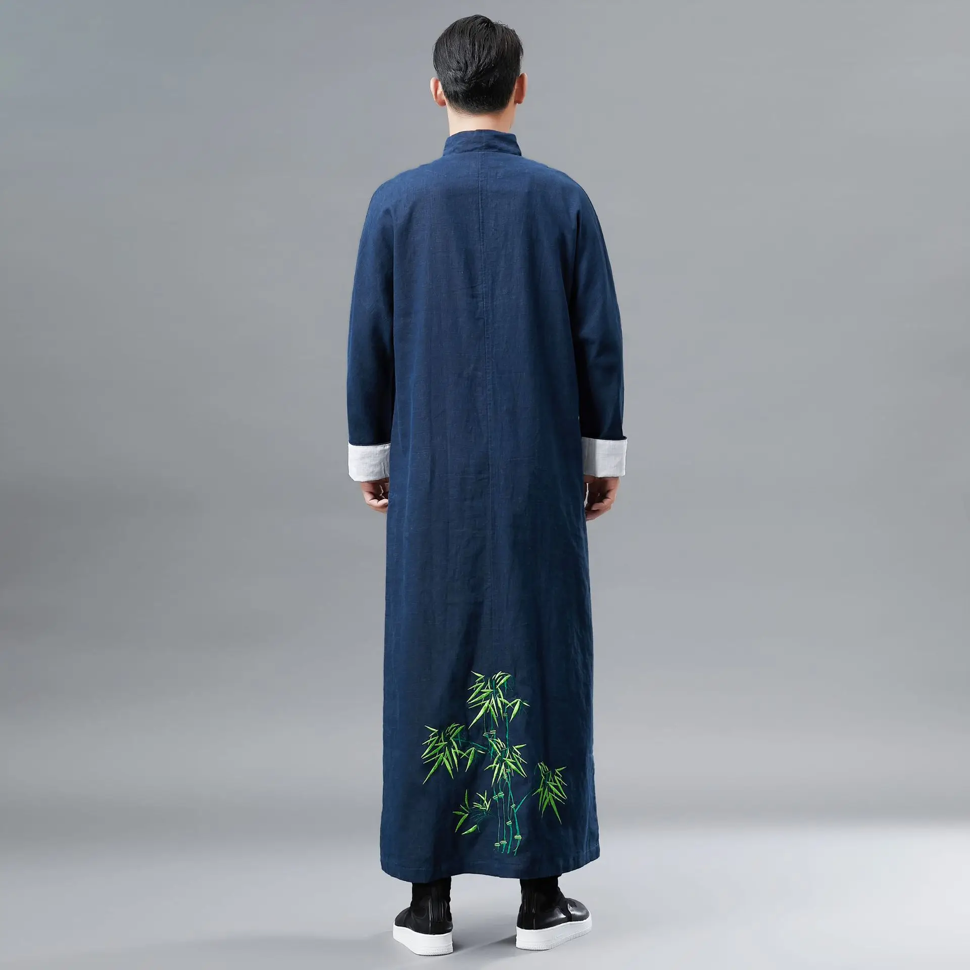 Вышитая бамбуковая длинная рубашка, Мужская одежда, китайский стиль, Национальный стиль, длинная Han стиль, вышитая национальная одежда халаты - Цвет: Синий
