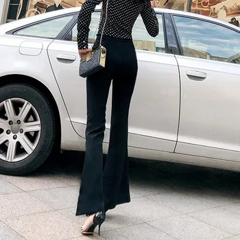 

2020 Summer New Womens High Waist Full Length Flare Pants Slim Fit Diamonds Chain Split Office Ladies Streetwear Female Trousers