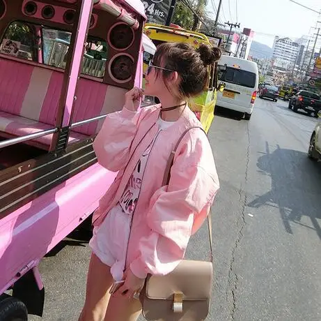 

2016 Summer Wear New Style Korean-style Pink Zipper Small round Neck Long Sleeve Jacket Baseball Uniform