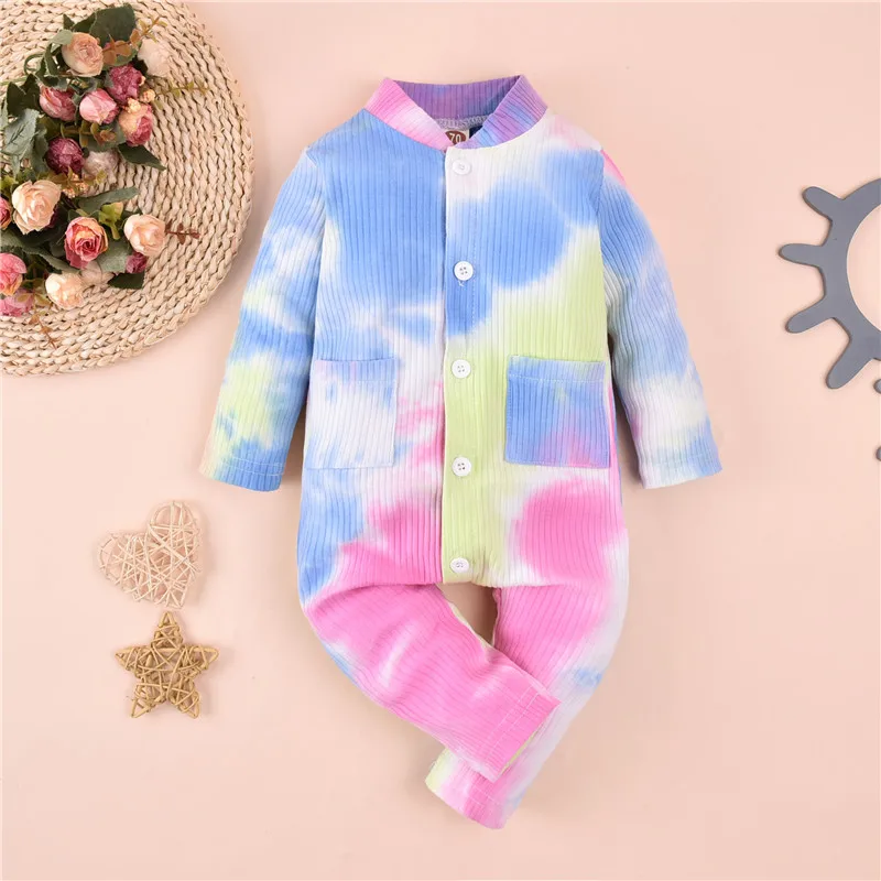 

Baby Girl Long Sleeve Rompers Autumn Fashion Tie-dye Single-breasted One Piece Suits Long Pants with Pocket Baby Girl Clothing