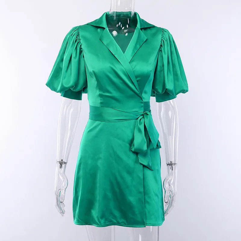 Hugcitar с буфами и короткими рукавами обернутое атласное зеленое чистое мини-платье осень-зима женская уличная одежда для вечеринок